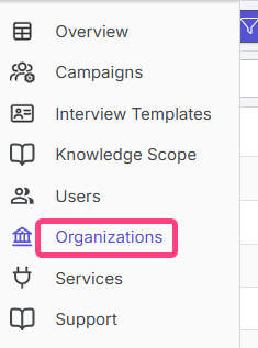 Organization settings page with main tabs