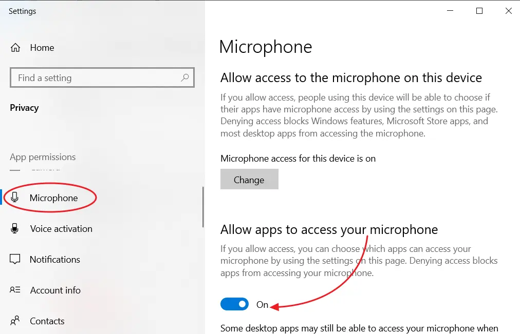 Windows 10: open microphone privacy settings
