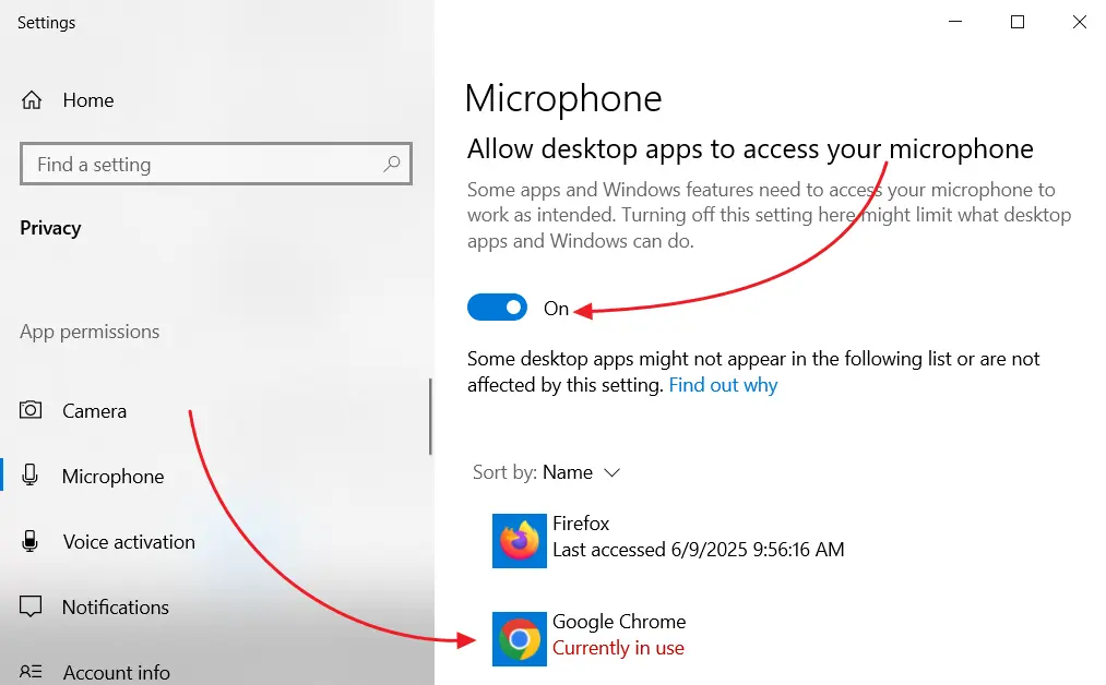 Windows 10: enable microphone access for desktop apps