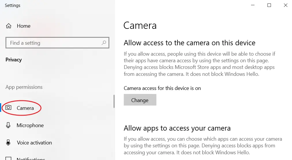 Windows 10: open camera privacy settings
