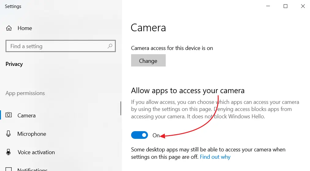 Windows 10: enable app access to the camera