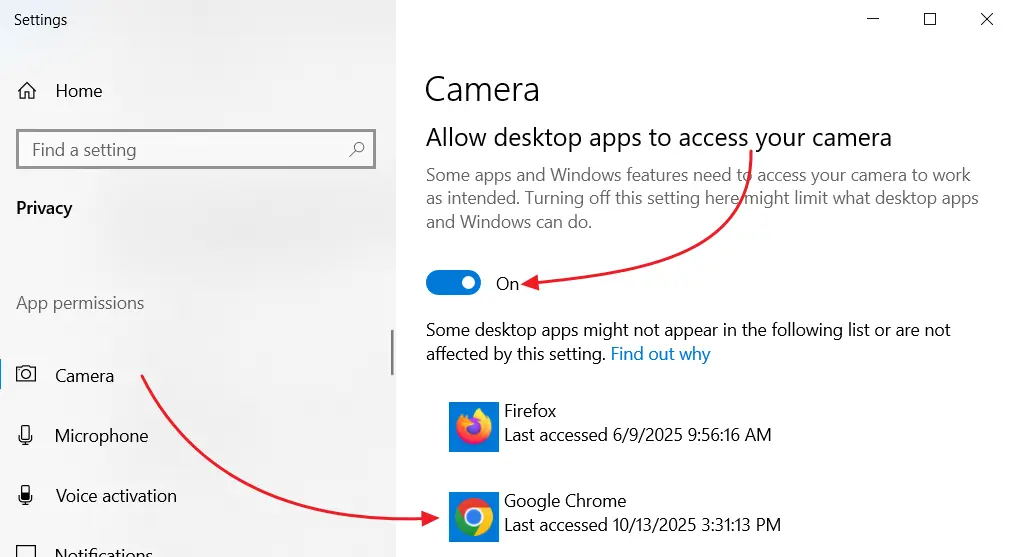 Windows 10: enable browser access to the camera