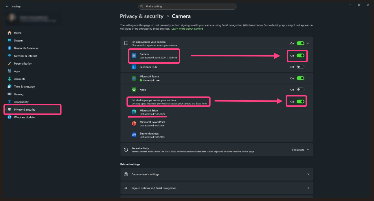 Windows 11: check the browser in the camera allowed apps list