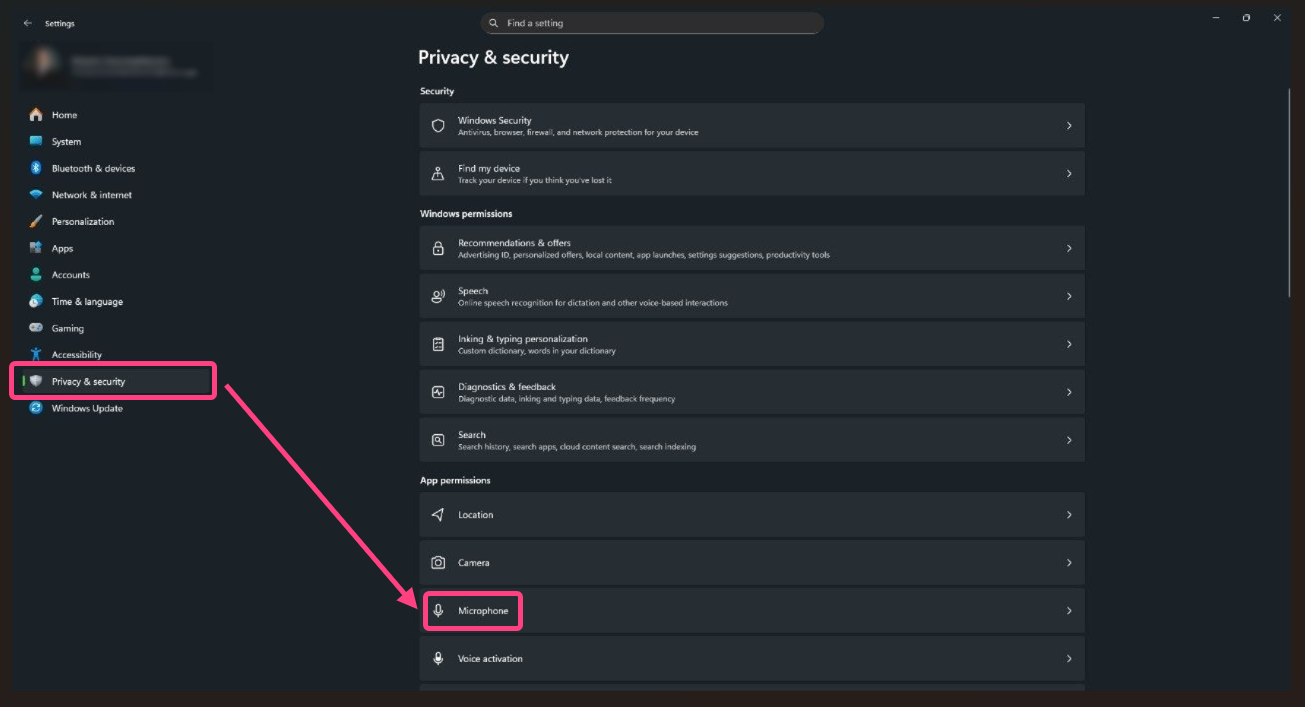 Windows 11: open microphone privacy section