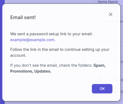 Email registration confirmation screen