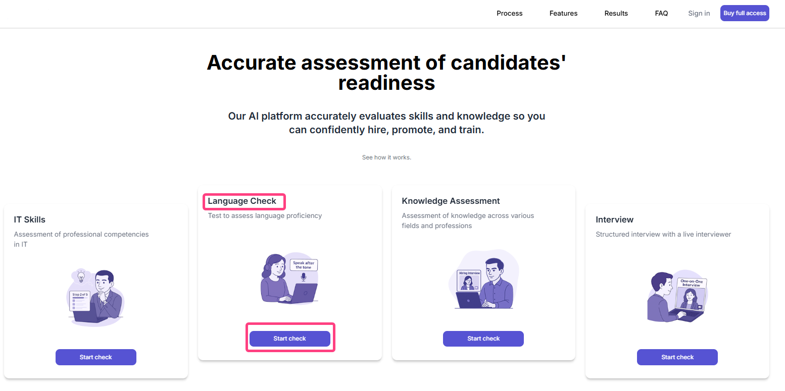 Language Check card on the Welcome page