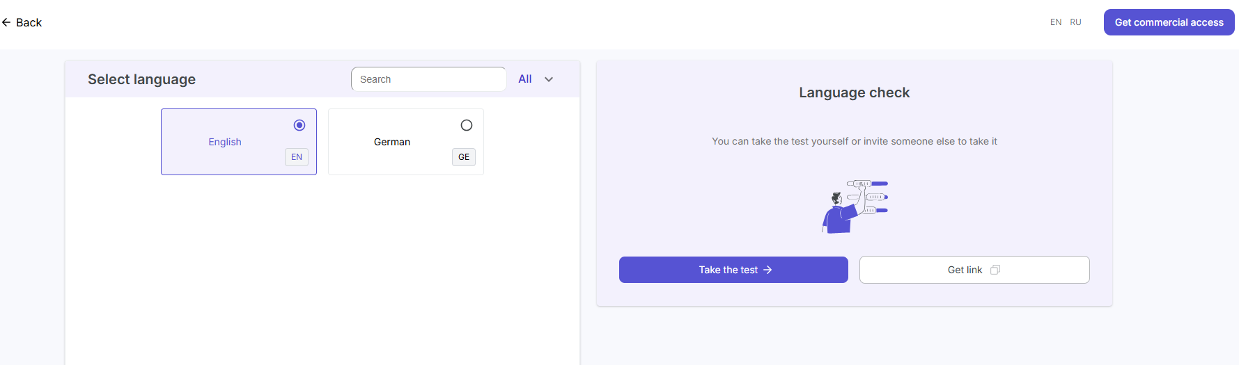 Language selection and launch screen for Language Check