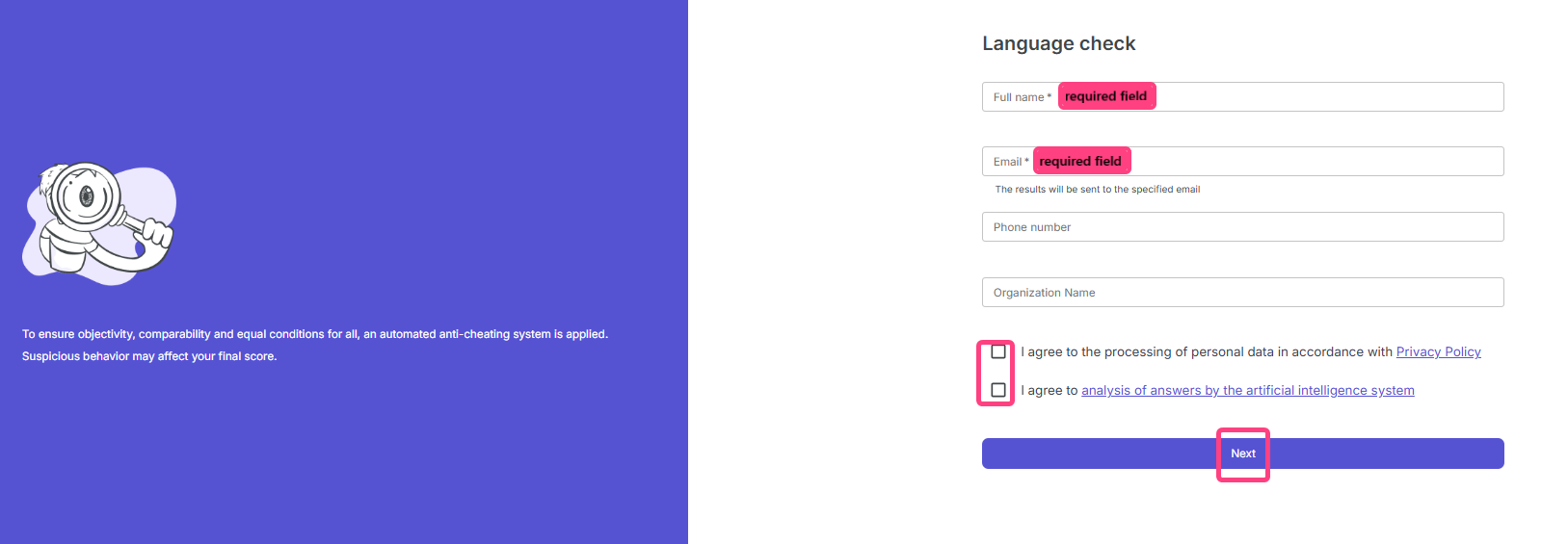 Form for entering personal data and consents for Language Check