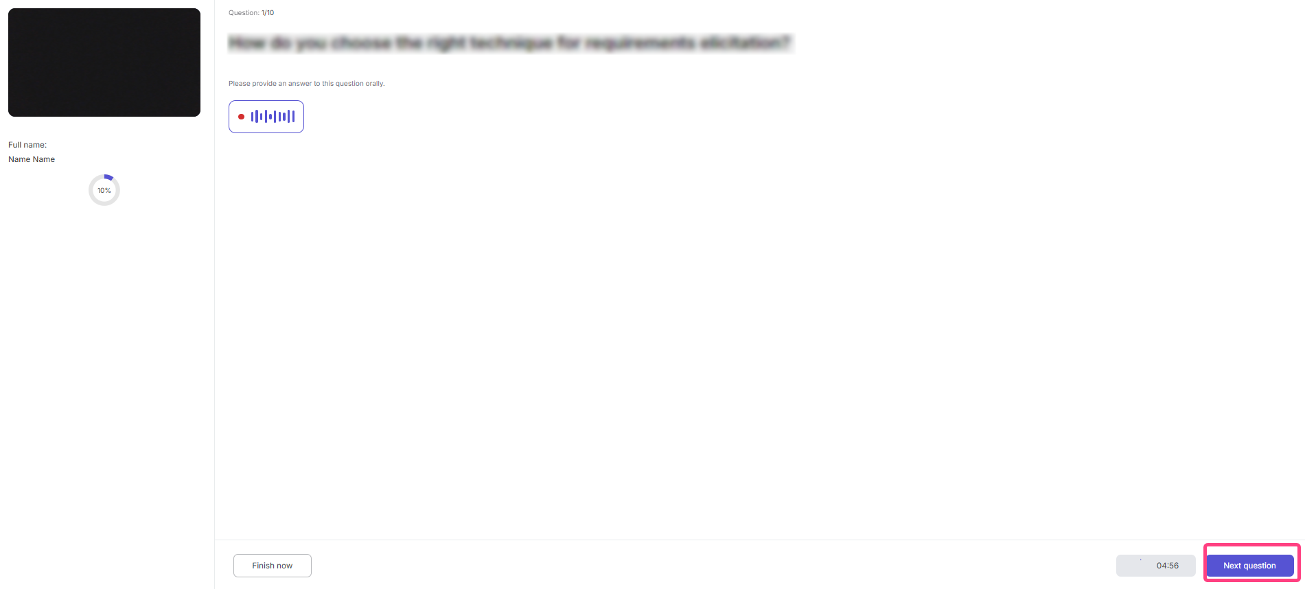 Testing interface with question, progress, and timer