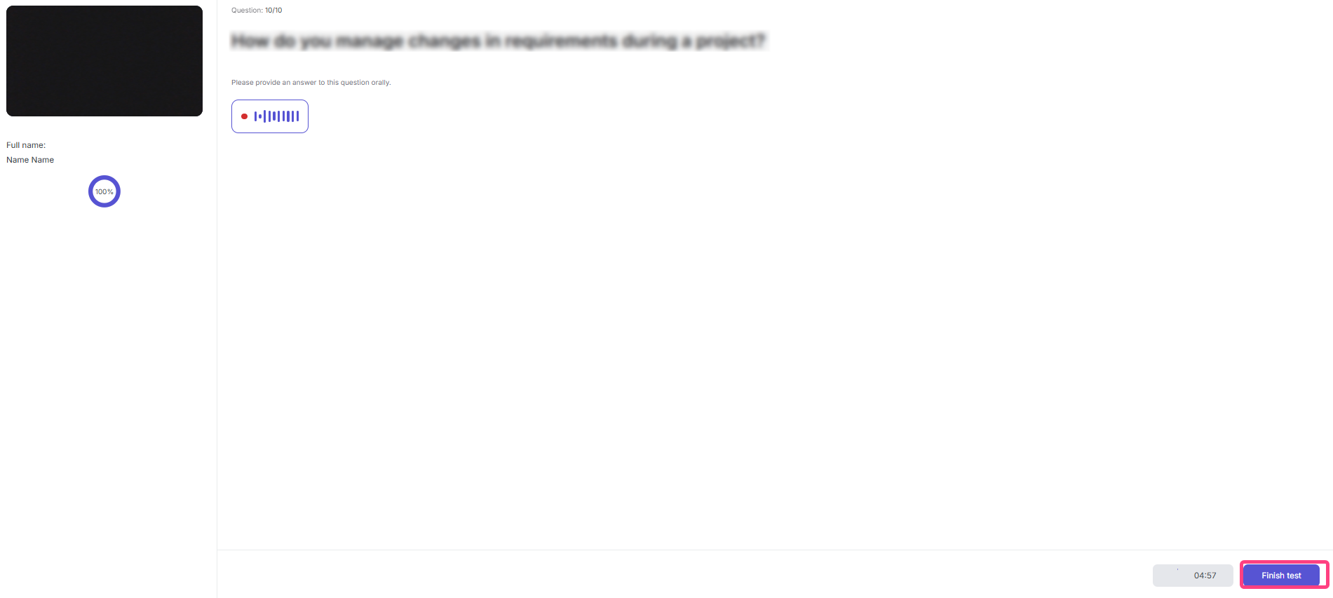 Finish test button on the last question